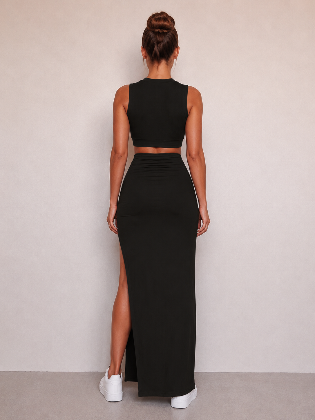Women’s Two Piece Set with Asymmetric Top and Midi Skirt