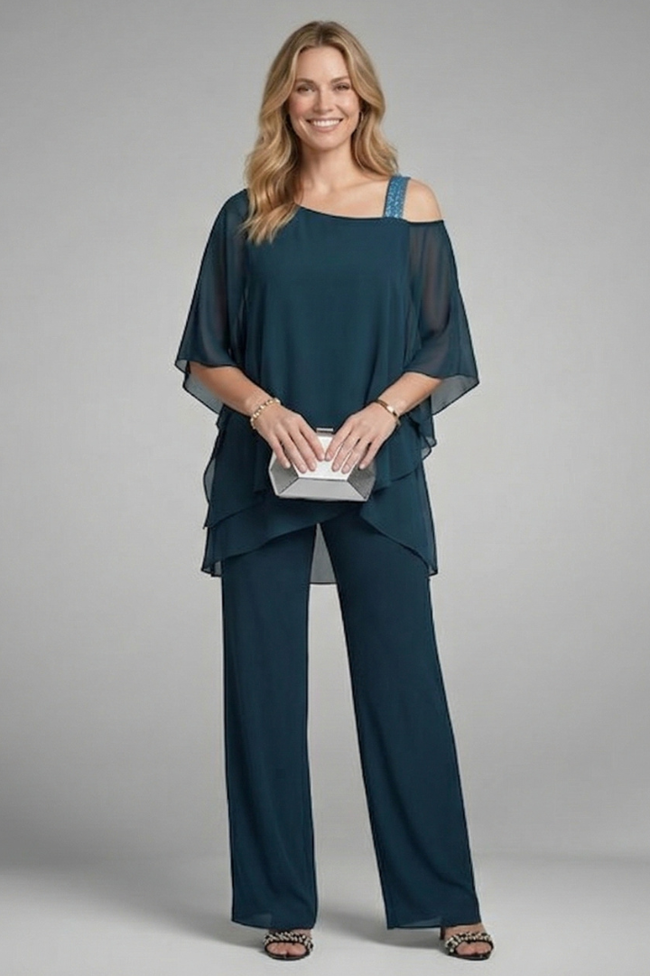 Women’s Two Piece Set with Asymmetrical Top and Wide Leg Trousers