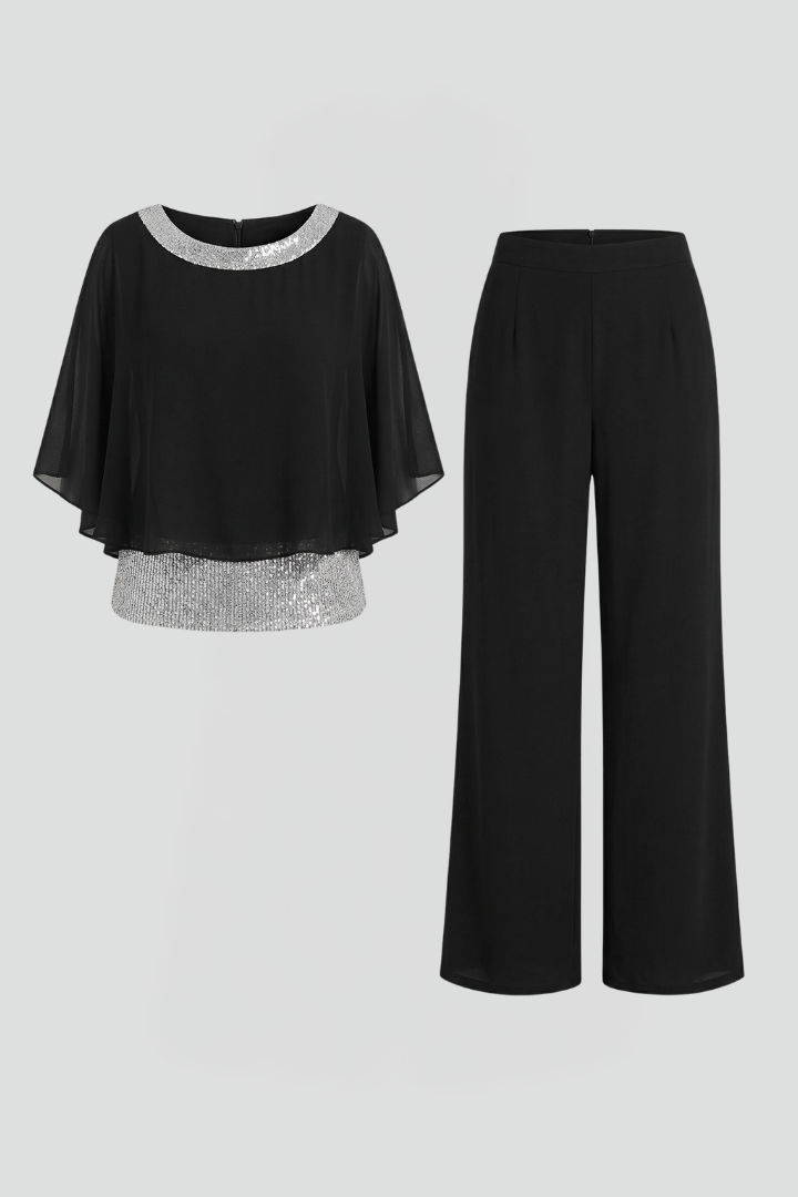 Women’s Two Piece Set with Embellished Neckline and Wide Leg Trousers