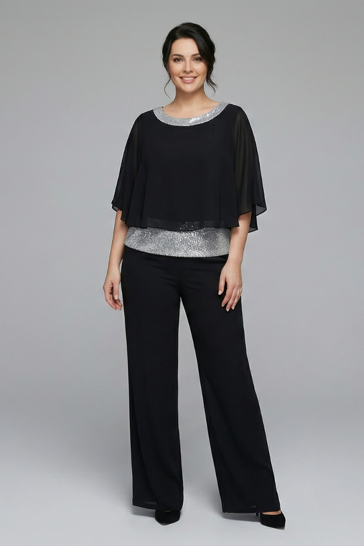 Women’s Two Piece Set with Embellished Neckline and Wide Leg Trousers