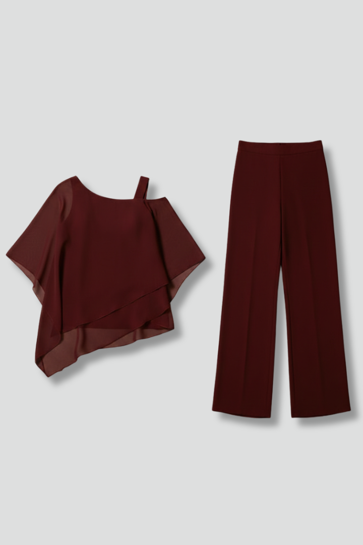 Women’s Two Piece Set with Layered Top and Wide Leg Trousers