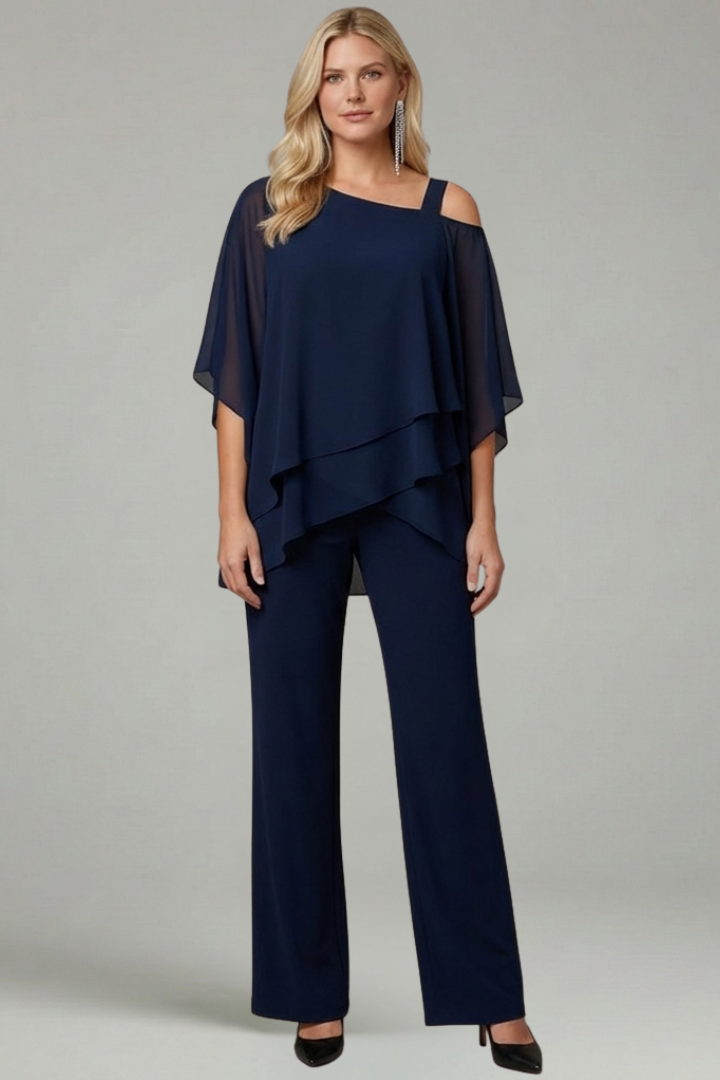 Women’s Two Piece Set with Layered Top and Wide Leg Trousers