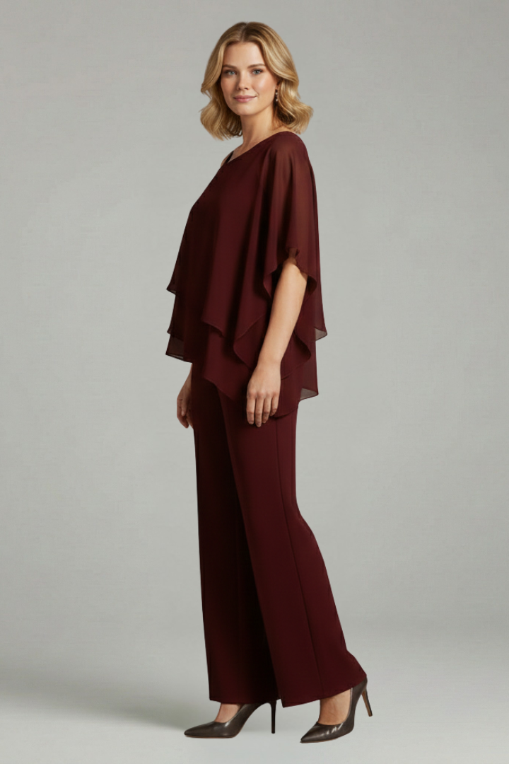 Women’s Two Piece Set with Layered Top and Wide Leg Trousers