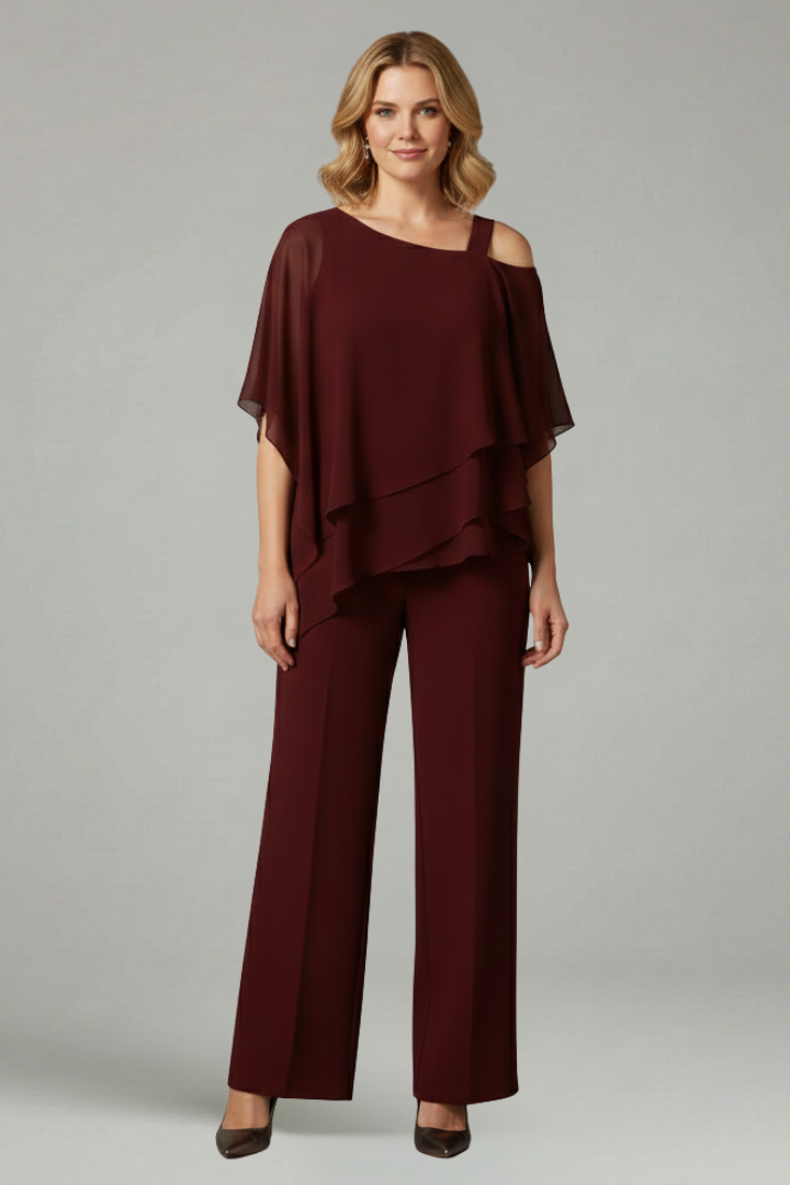 Women’s Two Piece Set with Layered Top and Wide Leg Trousers