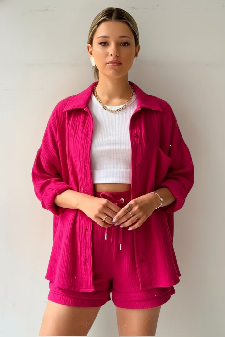 Women’s Two Piece Set with Oversized Blouse and Muslin Shorts