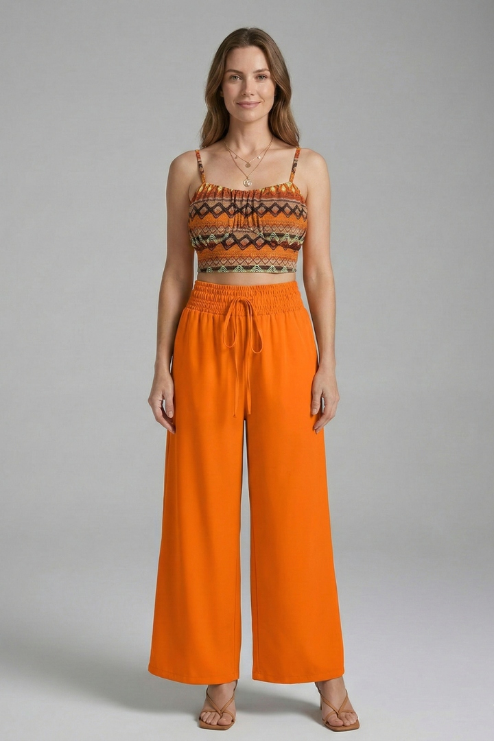 Women’s Two Piece Set with Printed Crop Top and Wide Leg Trousers