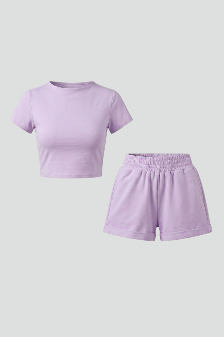 Women’s Two Piece Set with Short Sleeve Top and Elastic Waist Shorts