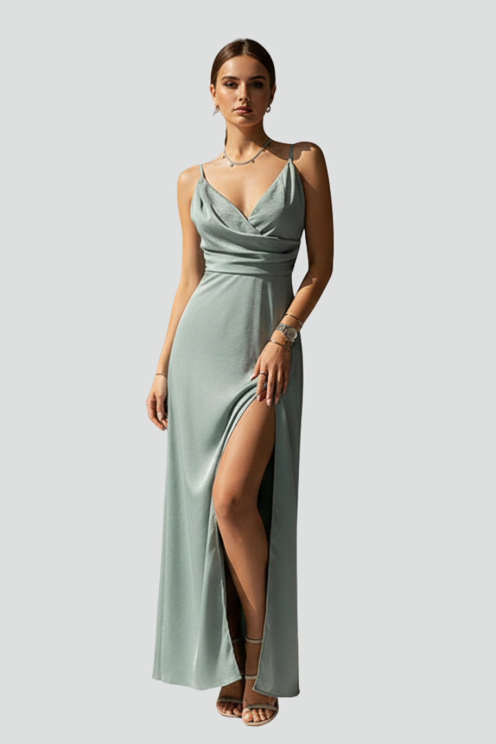 Women’s V-Neck Dress with Spaghetti Straps and Side Slit