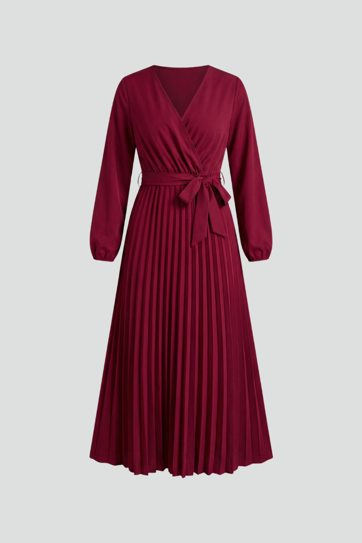 fitted lace wedding dress Women's V-neck Maxi Dress with Pleated Skirt and Tie Waist – Elegant Long  Sleeve Dress for Formal and Casual Occasions