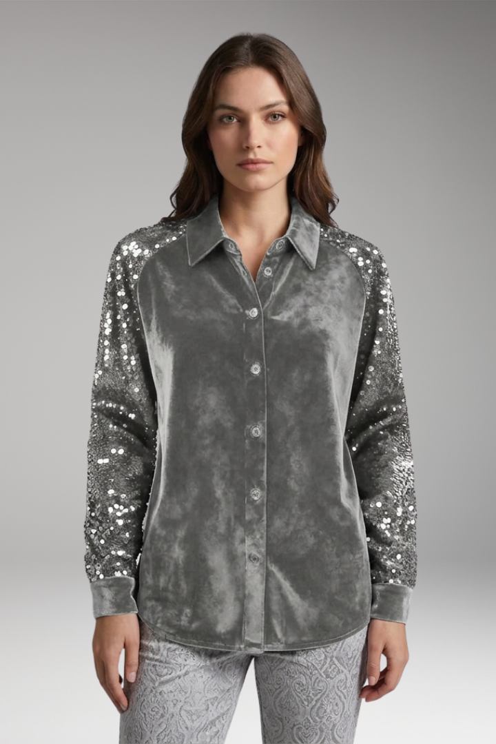 Women’s Velvet Button-Up Shirt with Sequin Long Sleeves