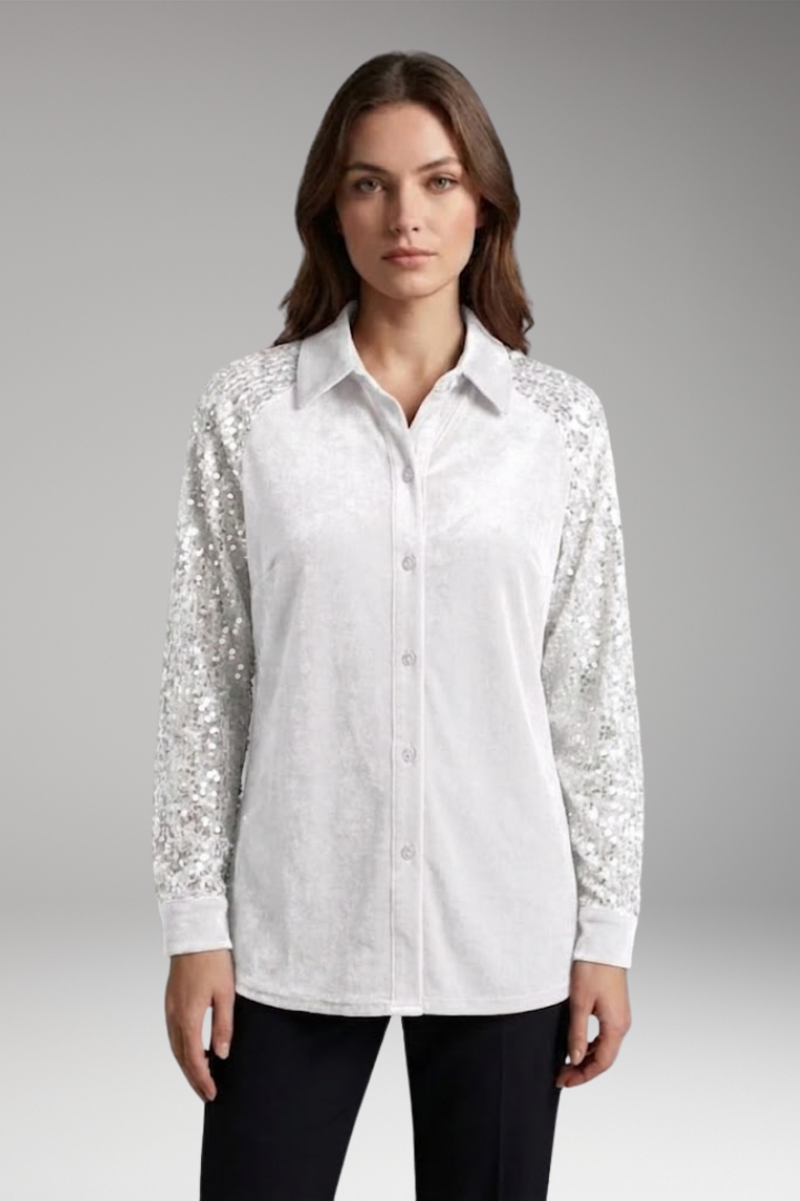 Women’s Velvet Button-Up Shirt with Sequin Long Sleeves