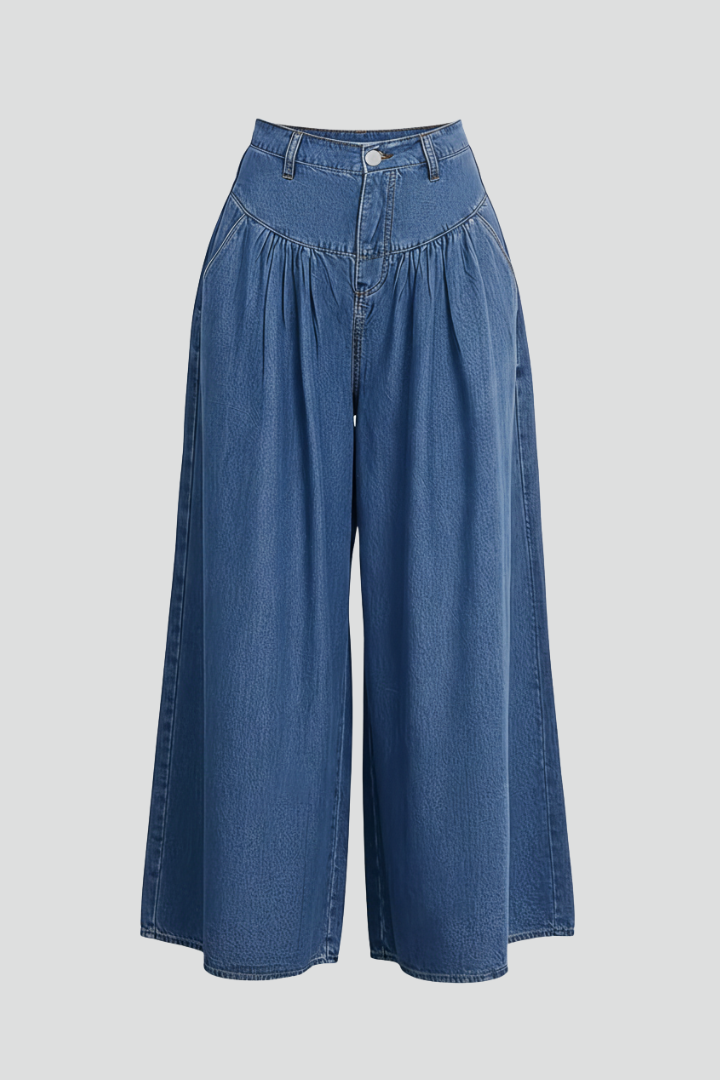 Women’s Wide-Leg Jeans with Washed Surface and Zipper Closure