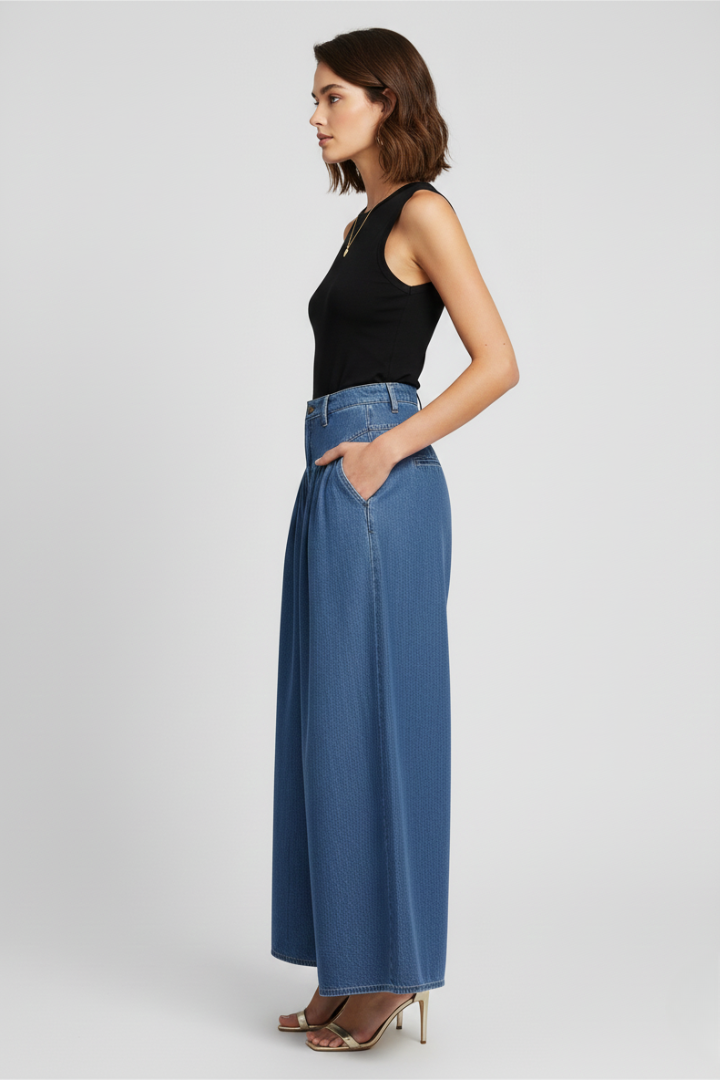 Women’s Wide-Leg Jeans with Washed Surface and Zipper Closure