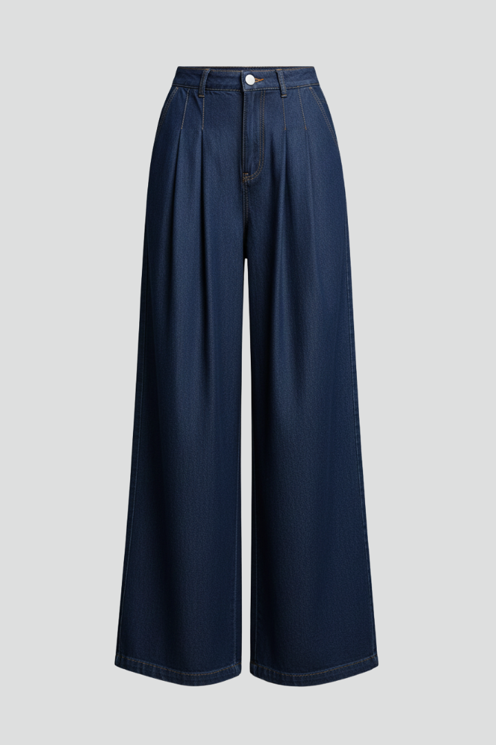 Women’s Wide-Leg Trousers with Front Pleats and Button Fastening