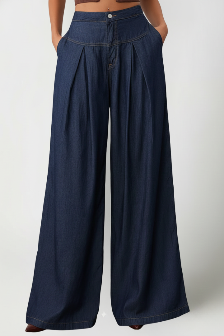 Women’s Wide-Leg Trousers with Front Pleats and Button Fastening