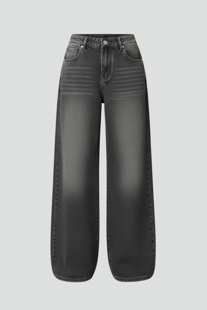 Women’s Wide Leg Jeans with Ripped Details and Solid Surface