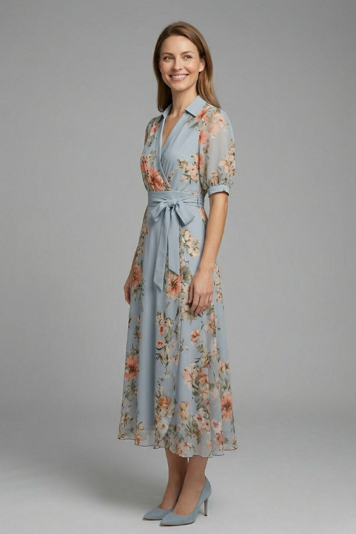Women’s Wrap Dress with V-Neck and Waist Tie