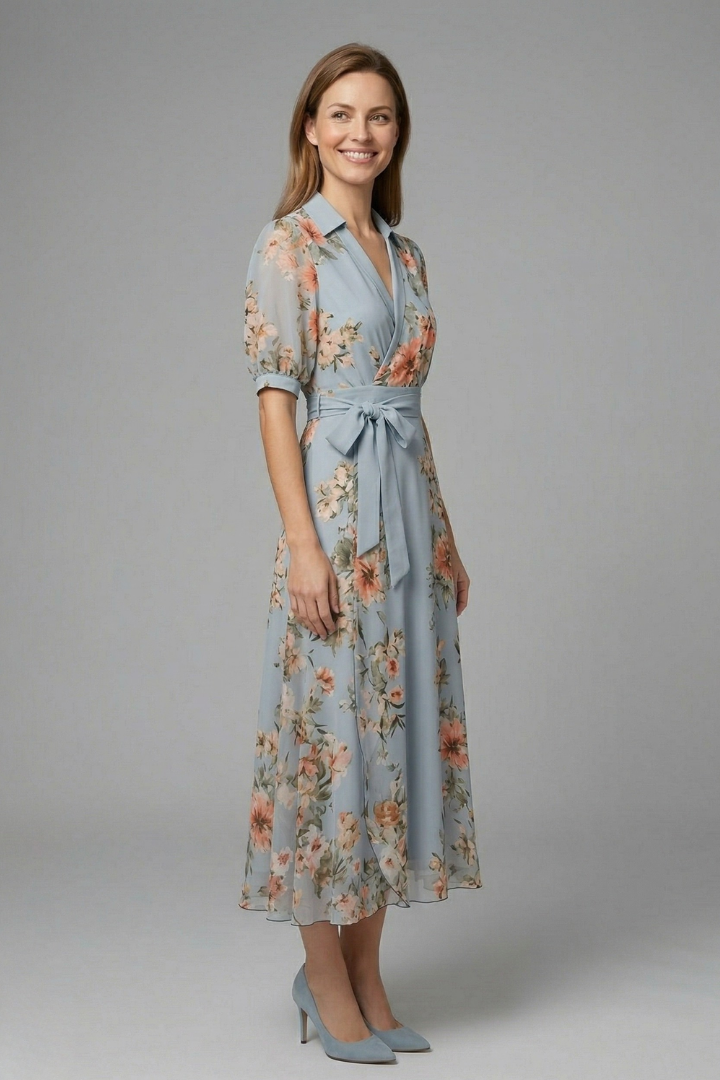 Women’s Wrap Dress with V-Neck and Waist Tie