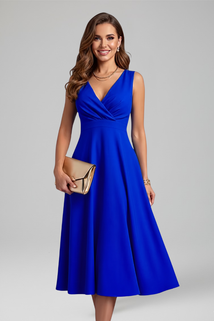 Women’s Midi Dress with V-Neck and Zip Closure