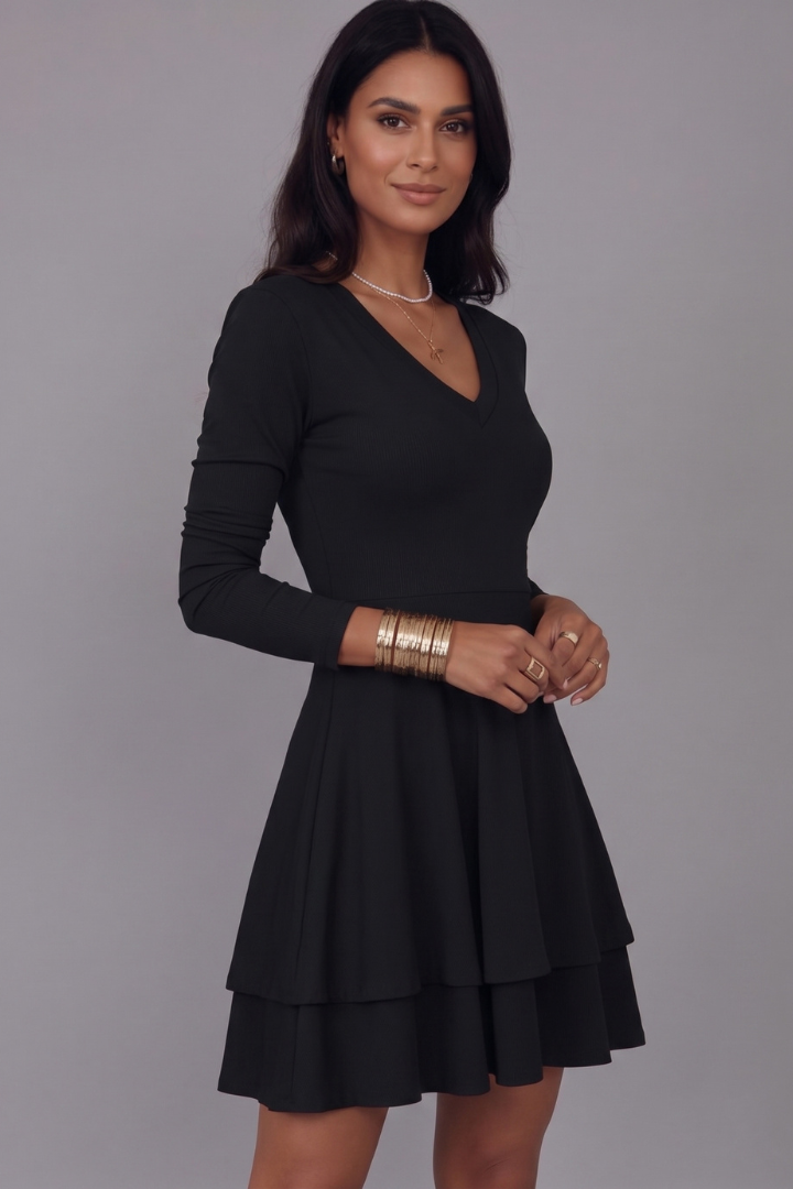 Women’s Short Dress with V-Neck and Long Sleeves