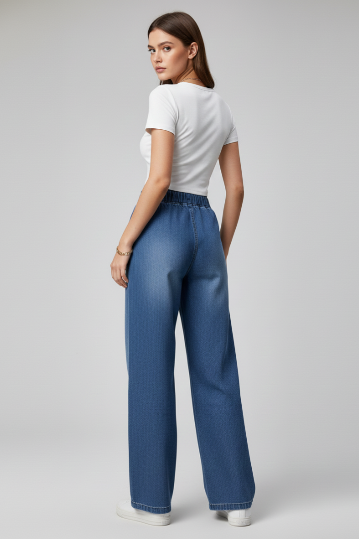 Women’s Wide-Leg Trousers with Elastic Waistband and Woven Surface