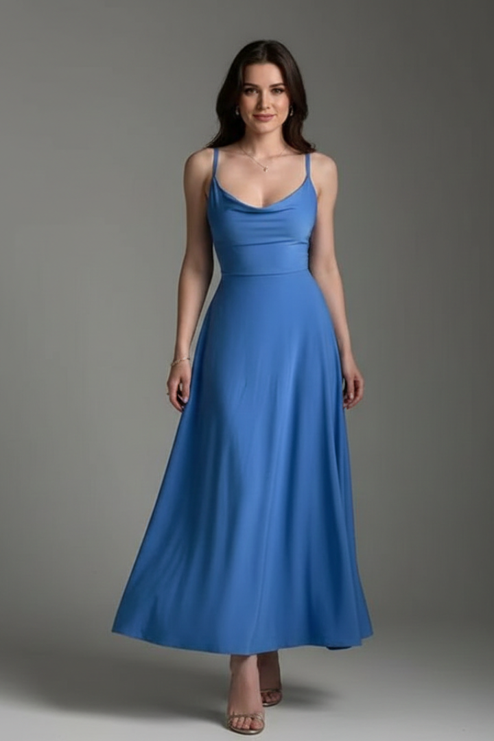 Women’s long dress with square neckline and draped skirt