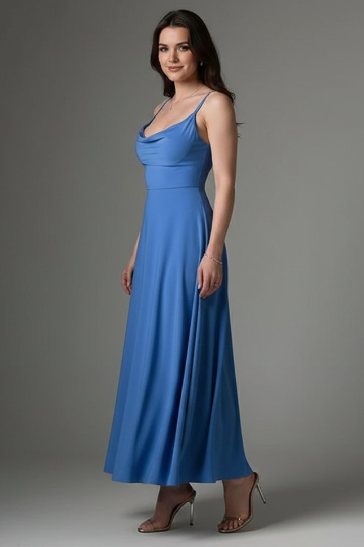 Women’s long dress with square neckline and draped skirt