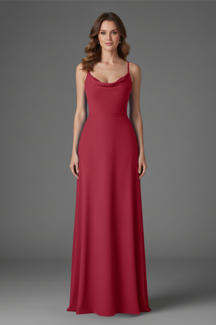 Women’s long dress with square neckline and draped skirt