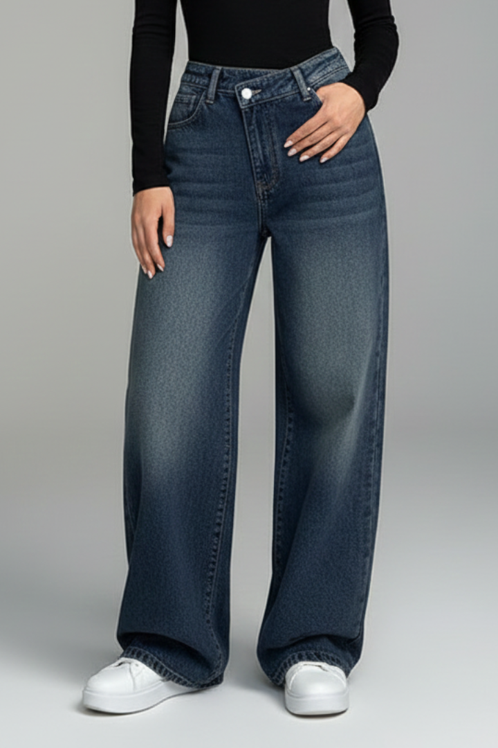 Women’s Straight-Leg Trousers with Washed Finish and Plain Surface