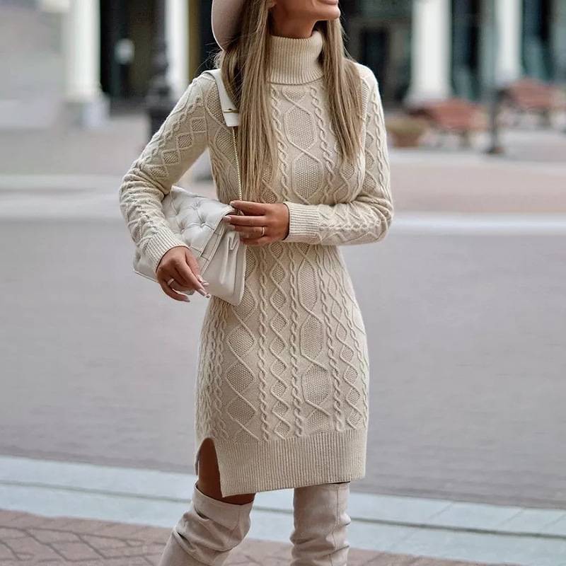 Women's Turtleneck Knitted Dress With Slit, Long Pullover Style
