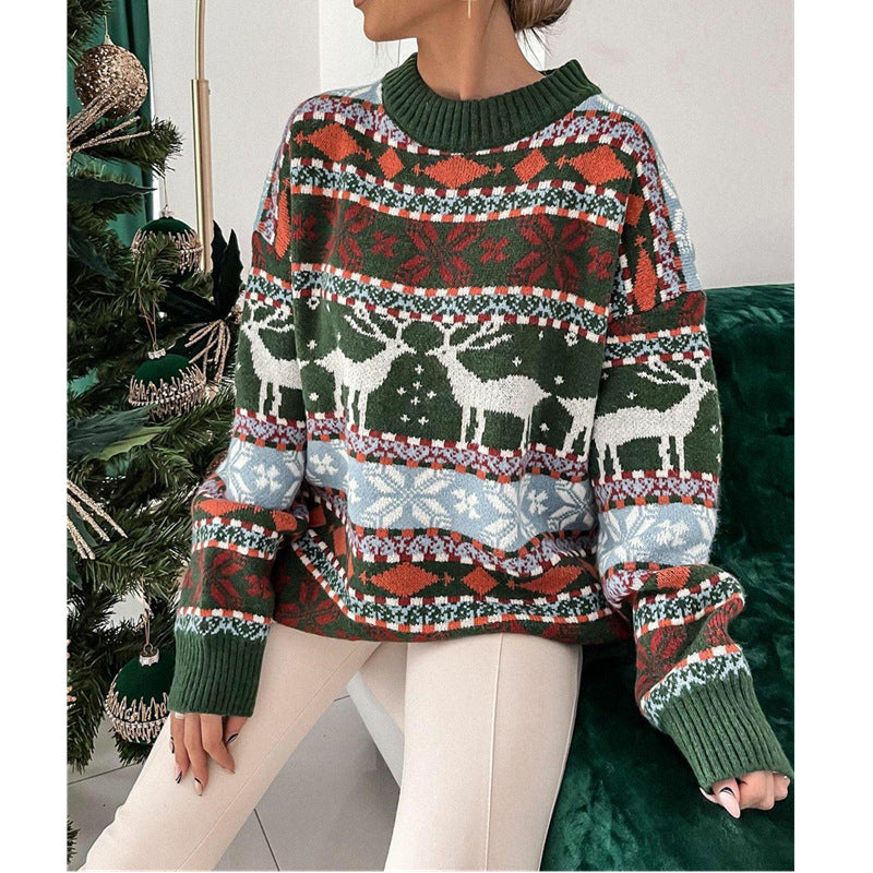 Women's Christmas Jacquard Jumper, Round Neck And Loose Fit