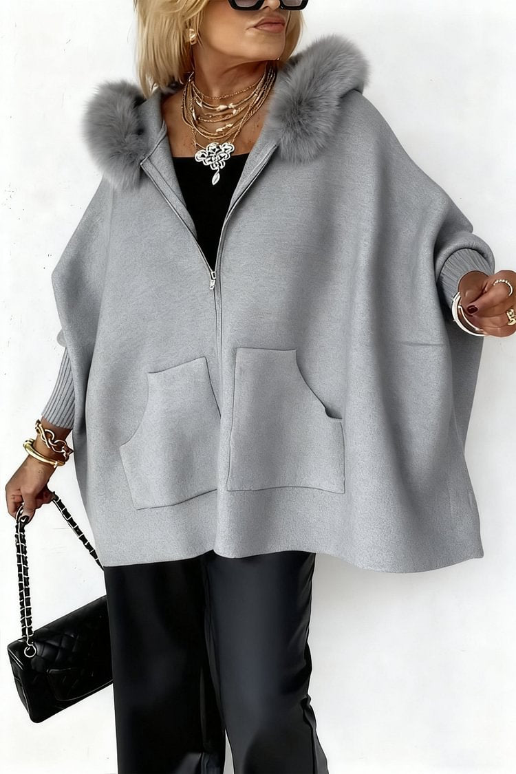 Women's Plush Hooded Zip-Up Cardigan With Pockets, Batwing Sleeve