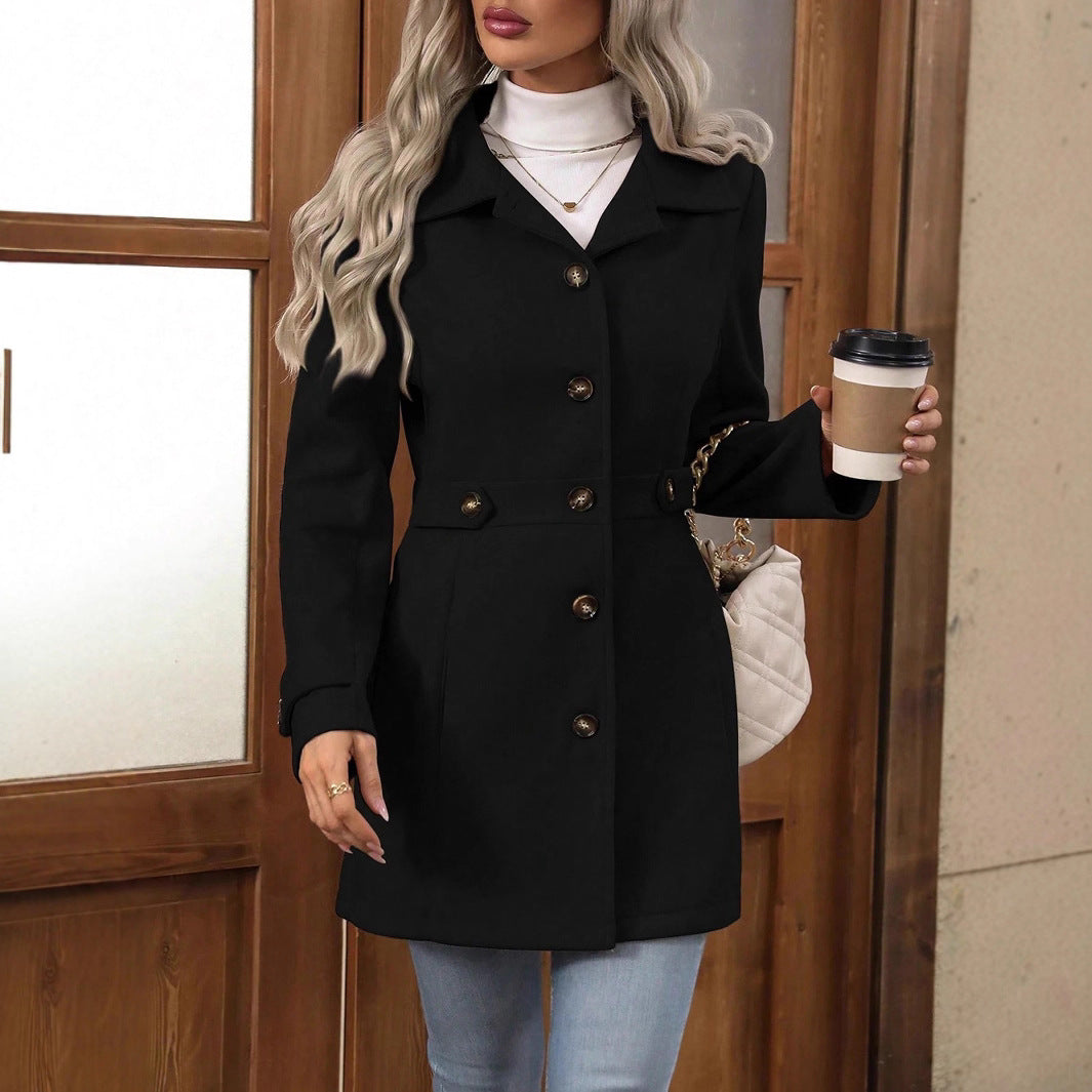Women's Elegant Single-Breasted Woollen Coat With Lapel