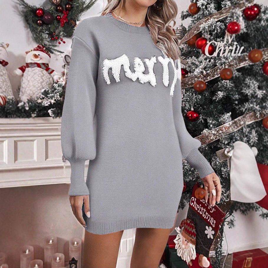 Women's Christmas Knitted Jumper Dress With Lantern Sleeves