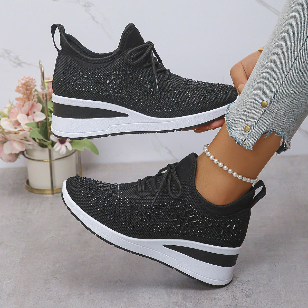 Women's wedge sneakers with rhinestones, lace-up and mesh lined
