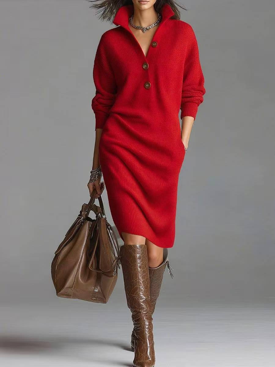 Women's Long-Sleeve V-Neck Sweater Dress With Button Collar