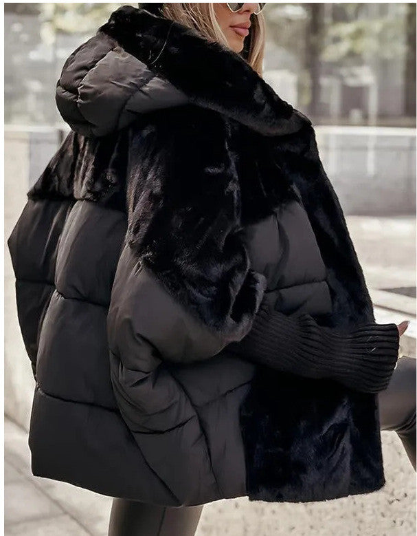 Women's Loose Cotton Coat With Faux Fur Patchwork And Hood