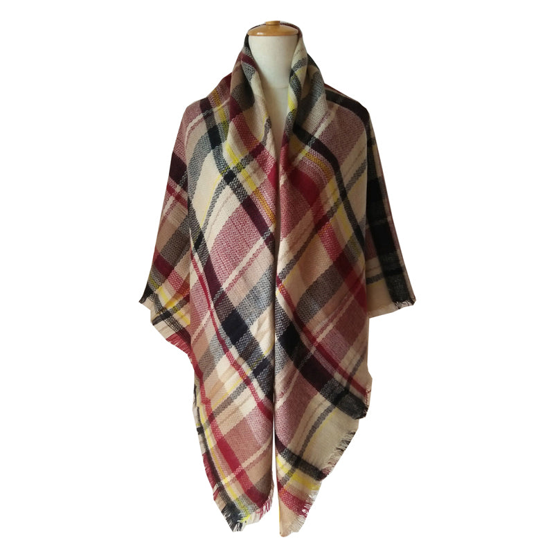 Red Tartan Blanket Scarf With Tassels, Oversized 59 x 59 Inch