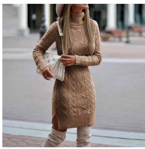 Women's Turtleneck Knitted Dress With Slit, Long Pullover Style