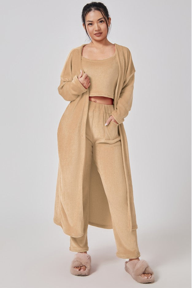 Women's 3 Piece Lounge Pyjama Set With Crop Top, Pants And Cardigan