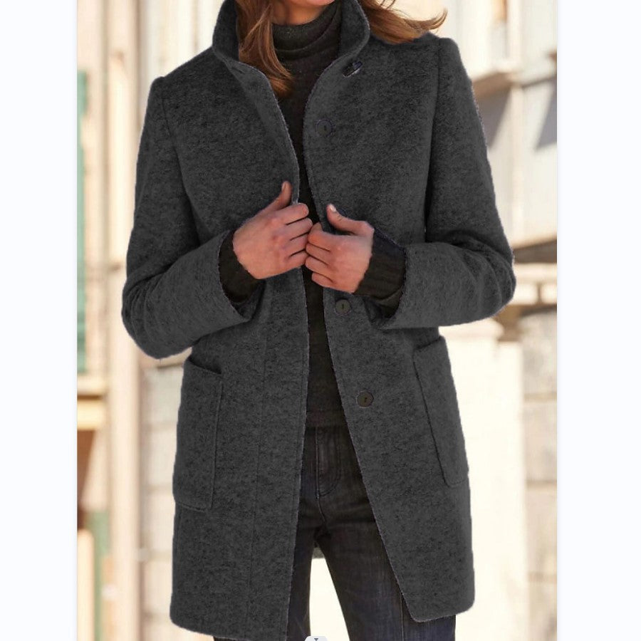 Woman wearing stand collar wool-look coat