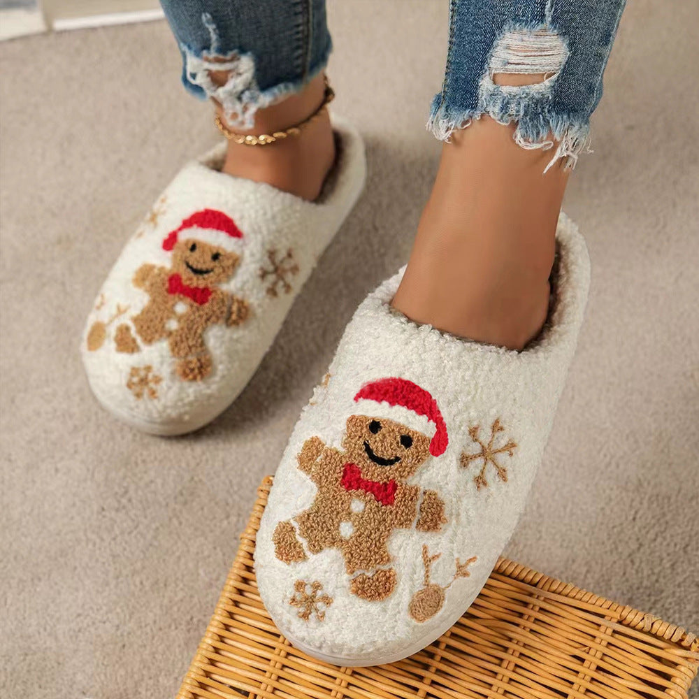 Christmas Gingerbread Man Fuzzy Slippers With Snowflake Design