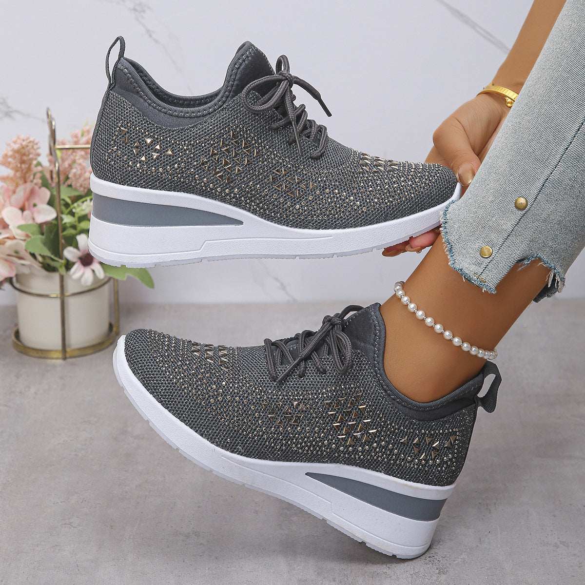 Women's wedge sneakers with rhinestones, lace-up and mesh lined