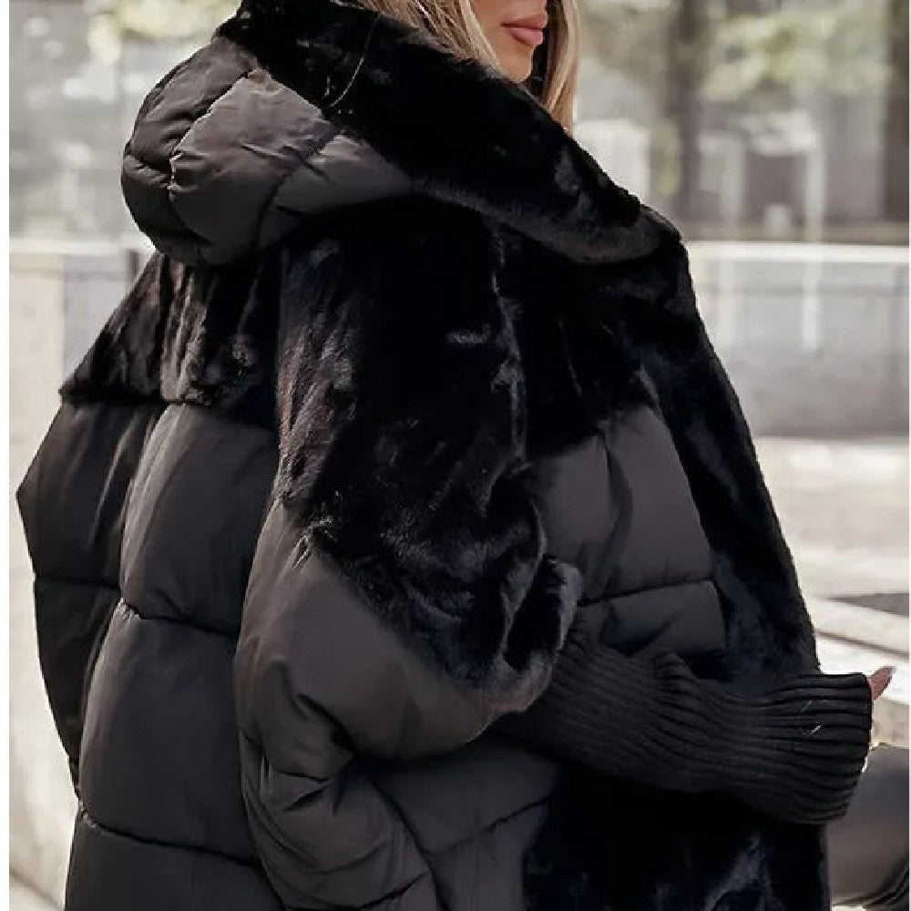 Women's Loose Cotton Coat With Faux Fur Patchwork And Hood