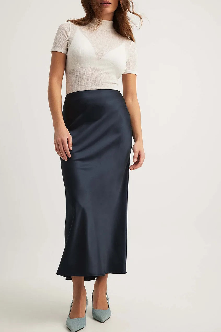 Women's satin midi skirt, sleek slim fit in 10 colours