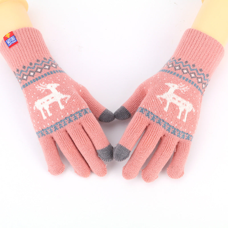 Women's Knitted Touch Screen Gloves With Deer And Snowflake Design