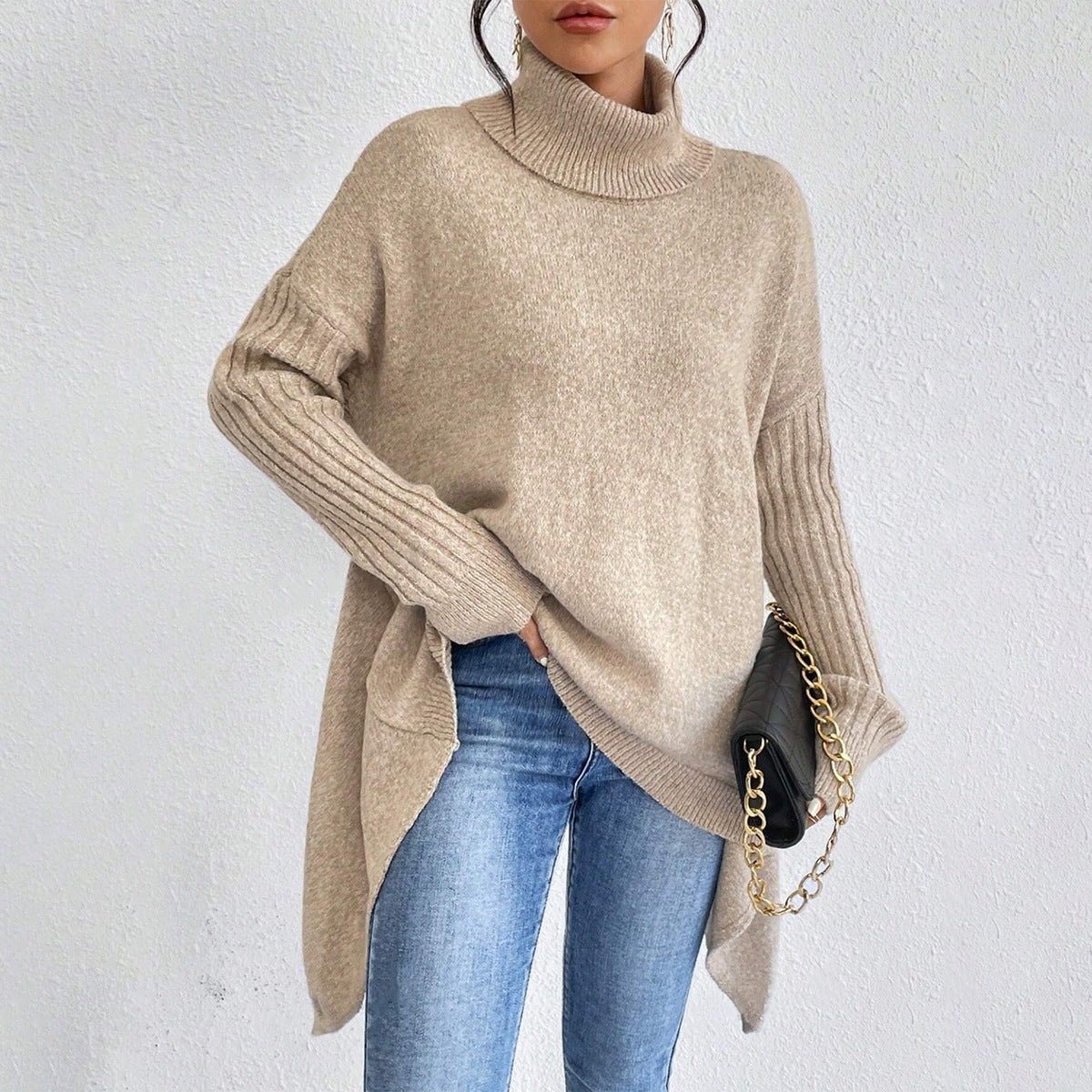 Irregular Hem Turtleneck Jumper For Women, Loose Knitted