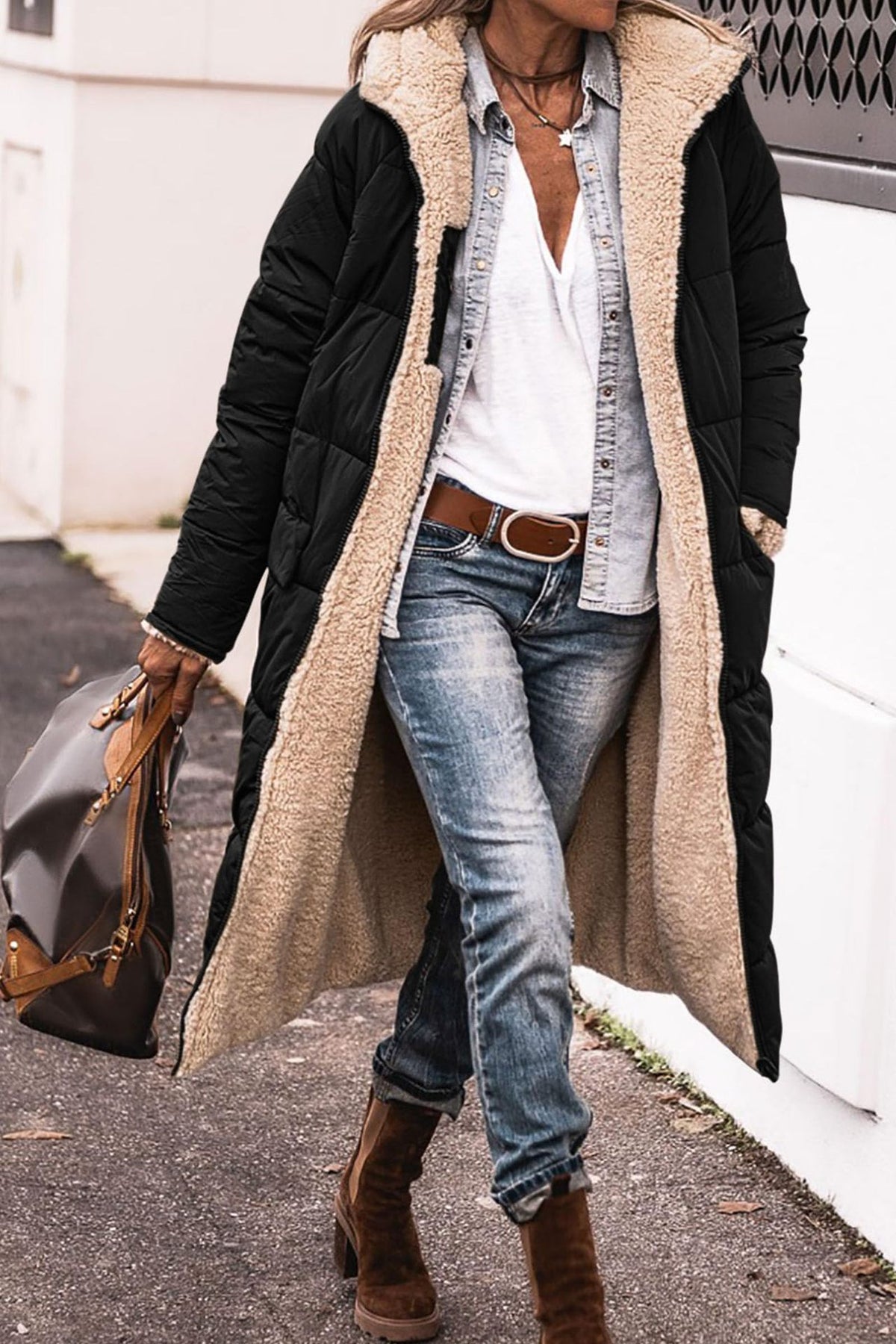 Women's Hooded Long Coat With Pockets, Double-Sided Wear