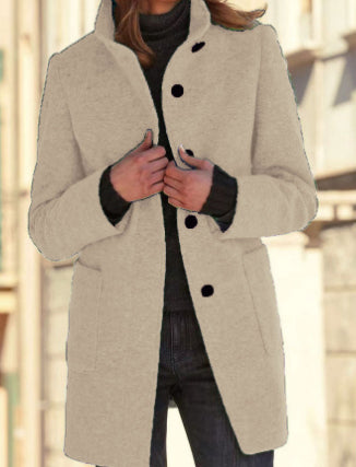 Woman wearing stand collar wool-look coat