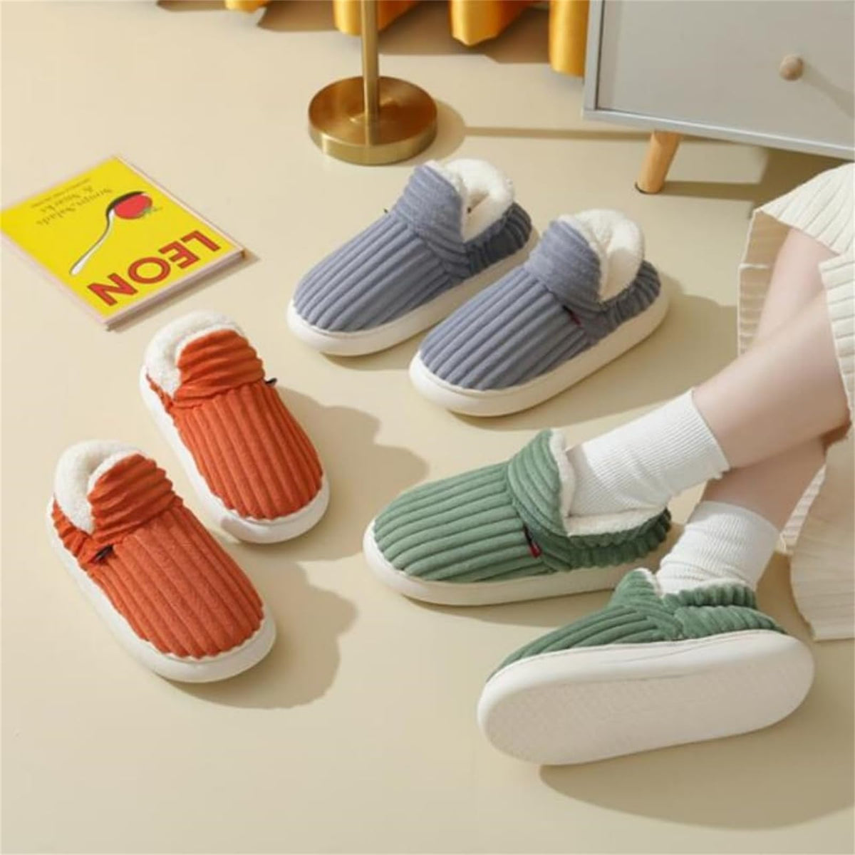 Striped Plush Home Slippers For Indoor And Garden Use